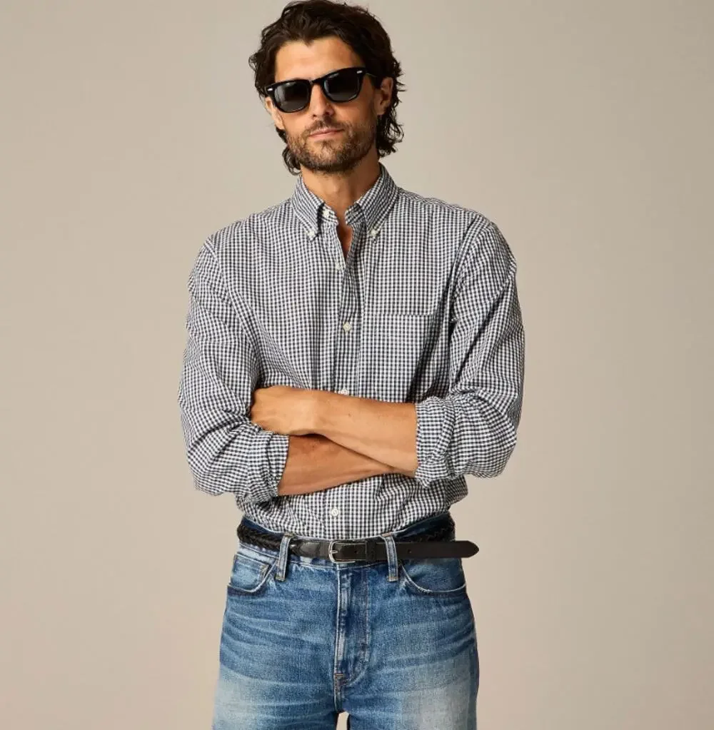 J.Crew Slim Secret Wash Cotton Poplin Shirt Men M Navy White Gingham Button Down